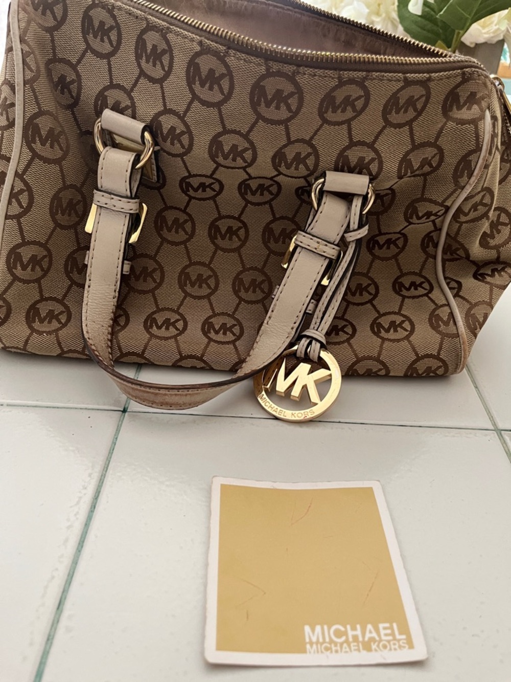 Michael Kors Beige and Brown Logo Satchel with Gold MK Charm